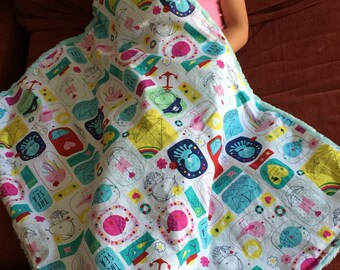 Colorful Mermaids & Sea Creatures Baby Blanket with Aqua Blue Minky: "Officer Mermaid"