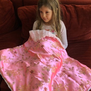 Scrumptious Pink Silky Dragon Brocade Baby Blanket, "Lolo's Room"