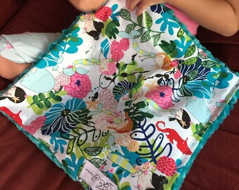 Tropical Mermaid & Hawaiian Flowers Teal Mini Baby Blanket: "The Rainbow Mermaid" Yummy