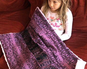 Rocker Baby Blanket Pink/Black Tribal Skull Brocade & Baby Pink Minky Blankie,  "Kitty Kat Jaq"