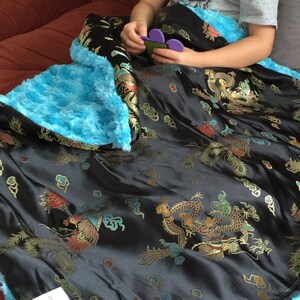 Black Dragon Brocade & Turquoise Minky Baby Blanket: "Anoushka"