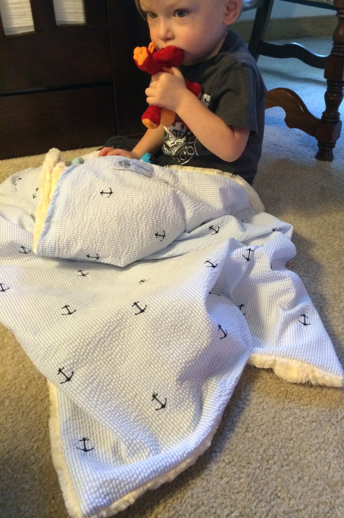 Blue Seersucker & Embroidered Anchor Baby Blanket ahoy Etsy