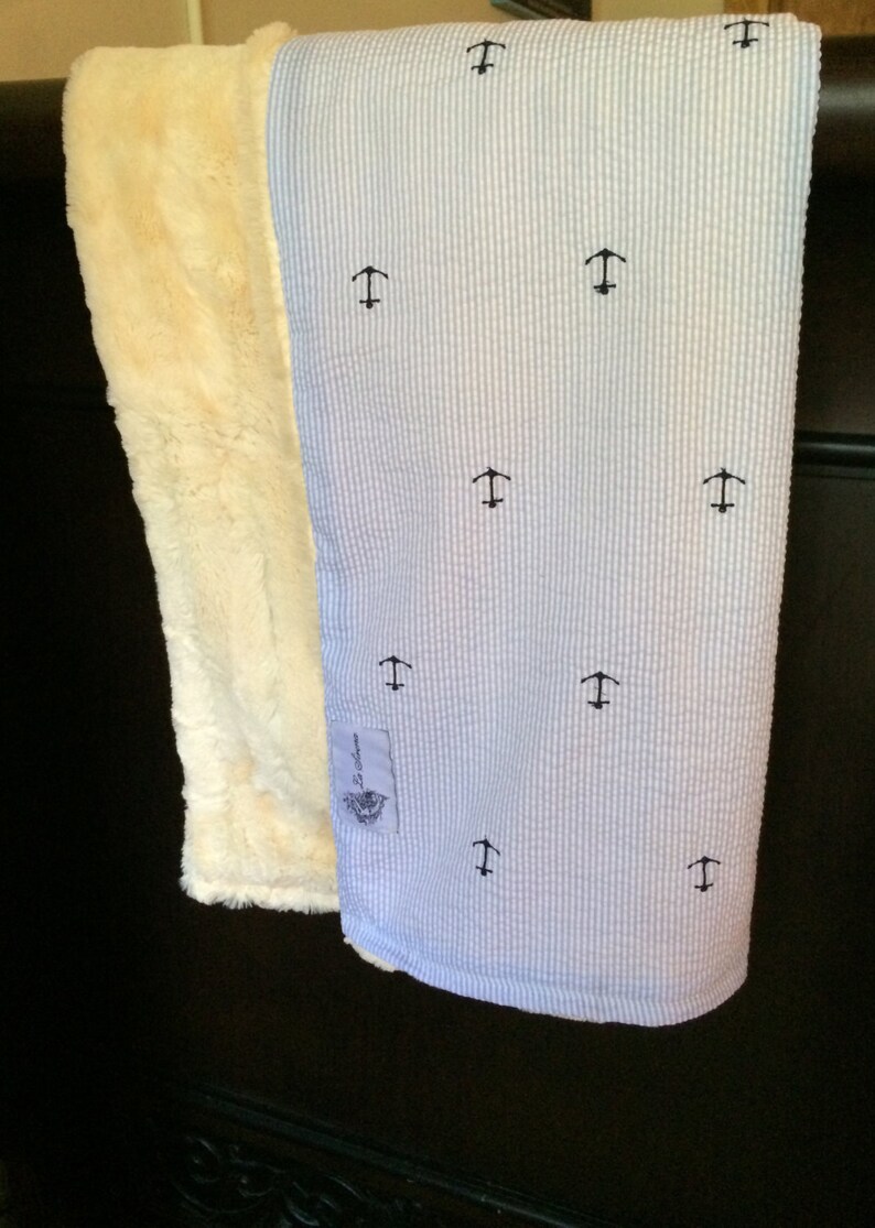 Blue Seersucker & Embroidered Anchor Baby Blanket ahoy Etsy
