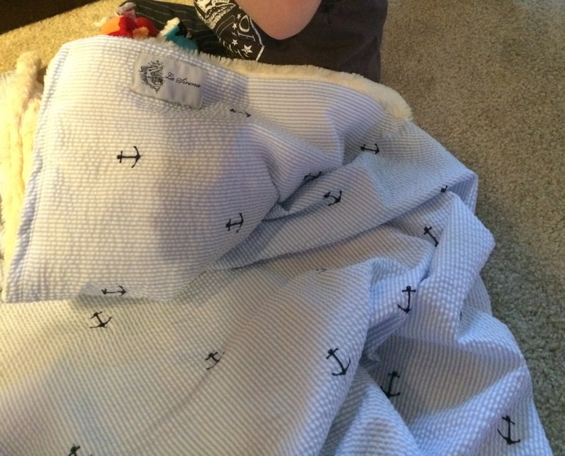 Blue Seersucker & Embroidered Anchor Baby Blanket ahoy Etsy