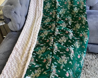 Forest Green and Silver Dragon & Phoenix Brocade Extra Large Throw Blanket, "Hotrod"