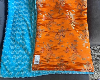 Asian Orange Dragon Brocade & Turquoise Minky Throw Blanket: "Billy my Hero"