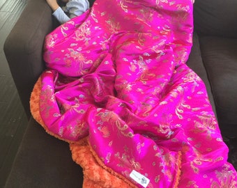 Hot Pink Dragon & Phoenix and Orange Minky Brocade Throw Blanket, "Miss Leah"