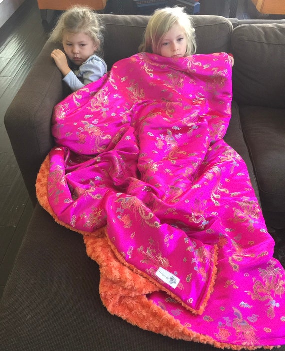 Hot Pink Dragon & Phoenix and Orange Minky Brocade Throw Blanket, "Miss Leah"