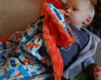 Orange Minky & Cute Airplane Organic Cotton Baby Blanket: "Captain Robbie"