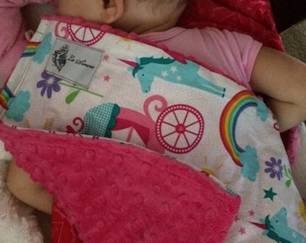 Pink Rainbow & Unicorn Mini Baby Blanket, "Suzi Sunshine" Yummy