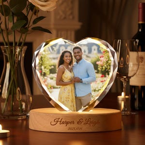 Gepersonaliseerde 3D-kristallen fotoportret led, 3D-fotokristal, gegraveerde kristallen foto met licht, kerstcadeau voor haar/hem, jubileumcadeau