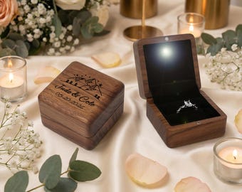 Personalized Square LED Engagement Ring Box Lighted Ring Box Custom Engraved Wooden Ring Holder Proposal Wedding Gift For Couple