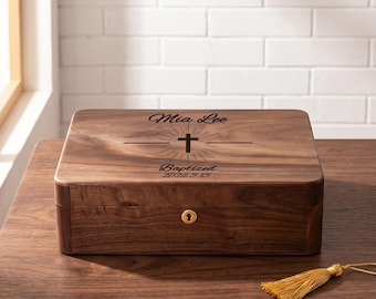 Personalized Engraved Wooden Keepsake Box,Baptism Confirmation First Communion,Christening Memory Box,Religious Gift for Godchild Boys Girls