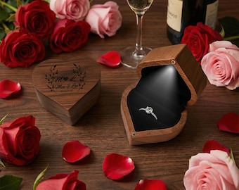 Personalized Heart Shape LED Engagement Ring Box Lighted Proposal Ring Box Custom Engraved Wooden Ring Holder Wedding Gift For Couple