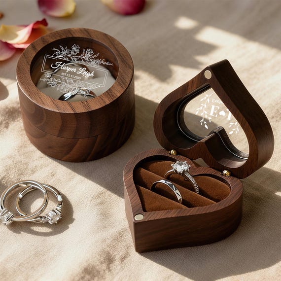 Personalized Wood Ring Box with Acrylic Lid,Engraved Engagement Ring Holder,Engraved Ring Box,Wood Ring Box,Ring Box,Heart Ring Bearer Box
