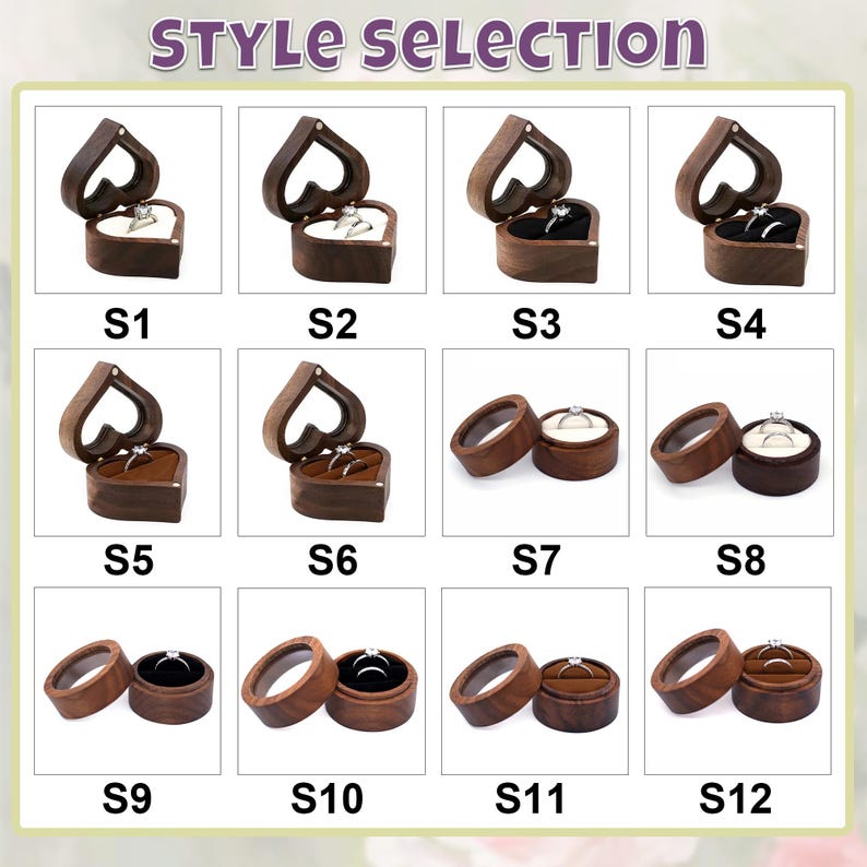 May include: A selection of wooden ring boxes in various styles. The boxes are in heart and round shapes, with a dark brown finish. Some boxes are open, displaying rings with white or black backgrounds. The text "STYLE SELECTION" is at the top.