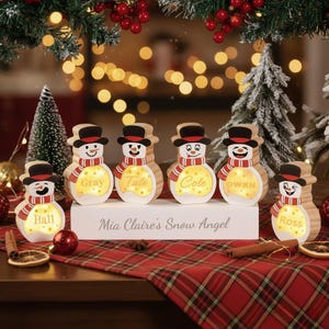 以下が含まれることがあります： 黒いシルクハット、赤と白のストライプのマフラー、そして「Hall」、「Gray」、「Tate」、「Cole」、「Owen」、および「Ross」という名前の木製雪だるまの置物。 クリスマスデコレーション。