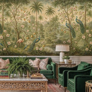 Carta da parati panoramica tropicale con pavone e motivi cinesi: murale esotico con giungla