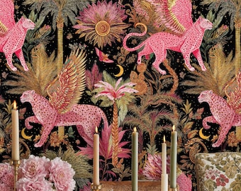 Pink & Gold Winged Leopard Peel and Stick Wallpaper: Dark Jungle Tropical Forest Mural