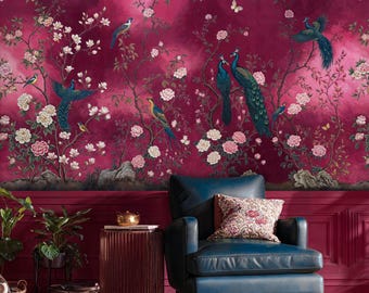 Panoramic Burgundy Chinoiserie Peacock Peel and Stick Wallpaper: Dark Pink Botanical Bird Wall Mural