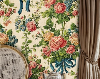 Französische Vintage Blumen Tapete zum Abziehen und Aufkleben: Viktorianische Romantische Pfingstrose und Rose Wandbild