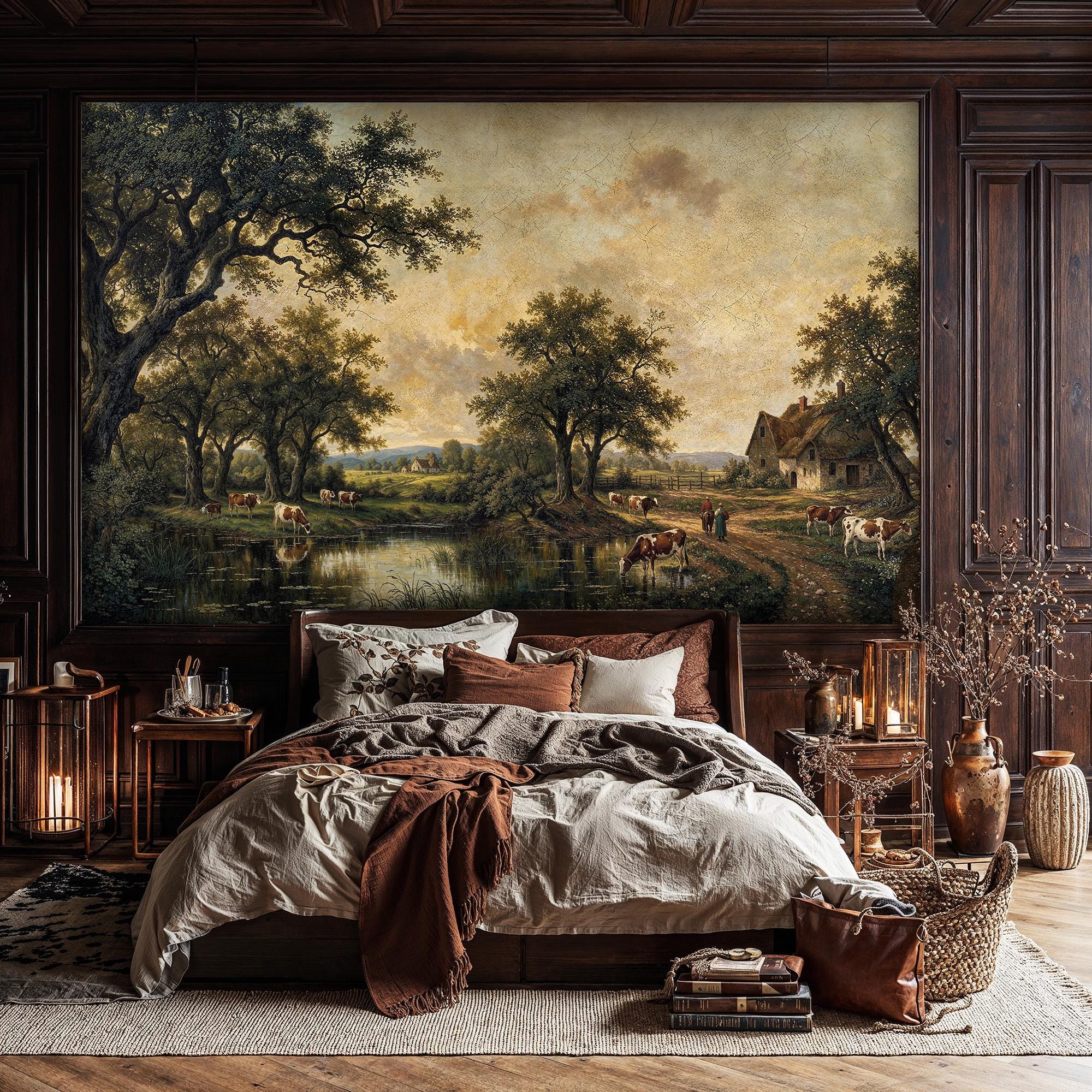 Panoramic Rustic Farmhouse Landscape Peel and Stick Wallpaper: Vintage ...