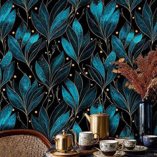 Teal & Gold Botanical Wallpaper: Art Deco Dark Floral Leaf Peel and Stick Mural