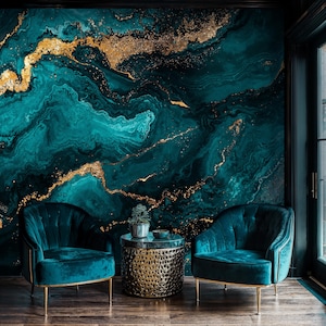 Emerald Teal Gold Marble Wallpaper: Luxury Abstract Mural