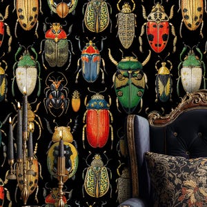 Moody beetle insect wallpaper in a dramatic lounge with ornate black and gold furniture, tall black candles, and vintage decor. The dark entomology mural adds luxurious and mysterious atmosphere.