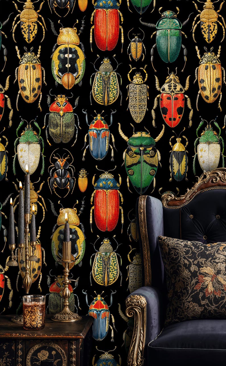 Moody beetle insect wallpaper in a dramatic lounge with ornate black and gold furniture, tall black candles, and vintage decor. The dark entomology mural adds luxurious and mysterious atmosphere.