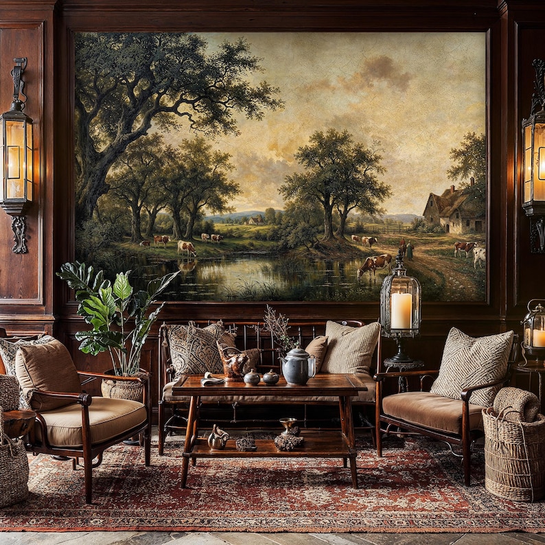 Panoramic Rustic Farmhouse Landscape Peel and Stick Wallpaper: Vintage ...