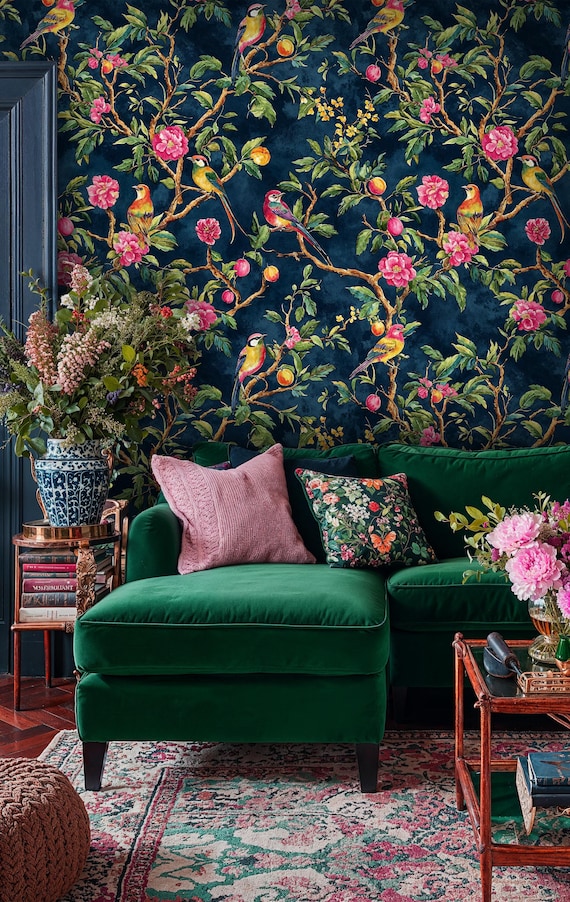 Navy Blue Floral Chinoiserie Peel and Stick Wallpaper: Vintage Colorful Bird & Flower Wall Mural