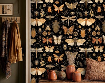 Vintage Dark Butterfly Wallpaper: Victorian Entomology Golden Insect and Beetle Peel and Stick Mural