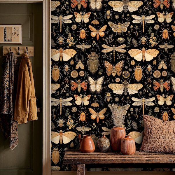 Vintage Dark Butterfly Wallpaper: Victorian Entomology Golden Insect and Beetle Peel and Stick Mural