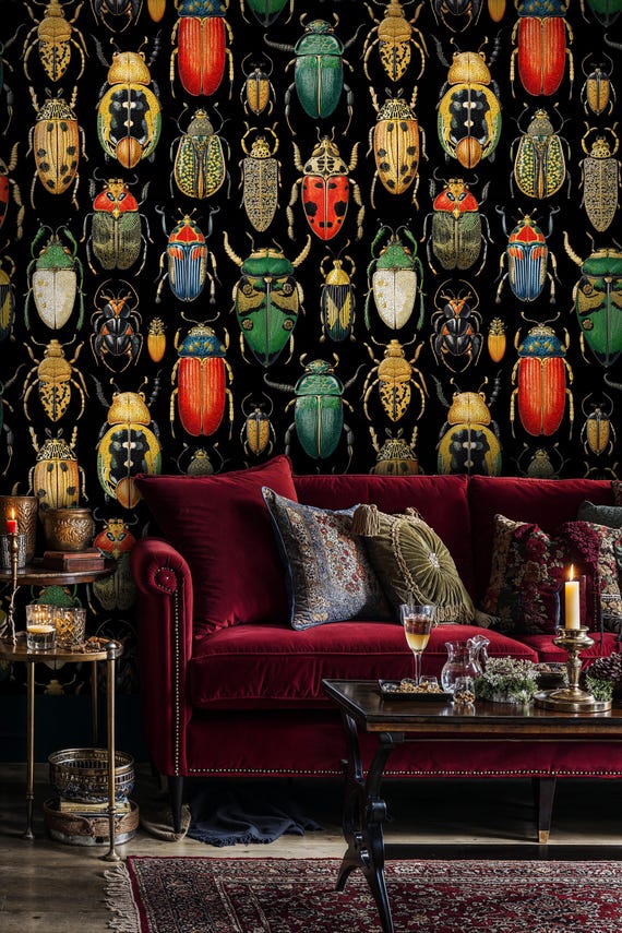 Dark & Colorful Beetle Wallpaper: Vintage Insect Entomology Peel and Stick Mural
