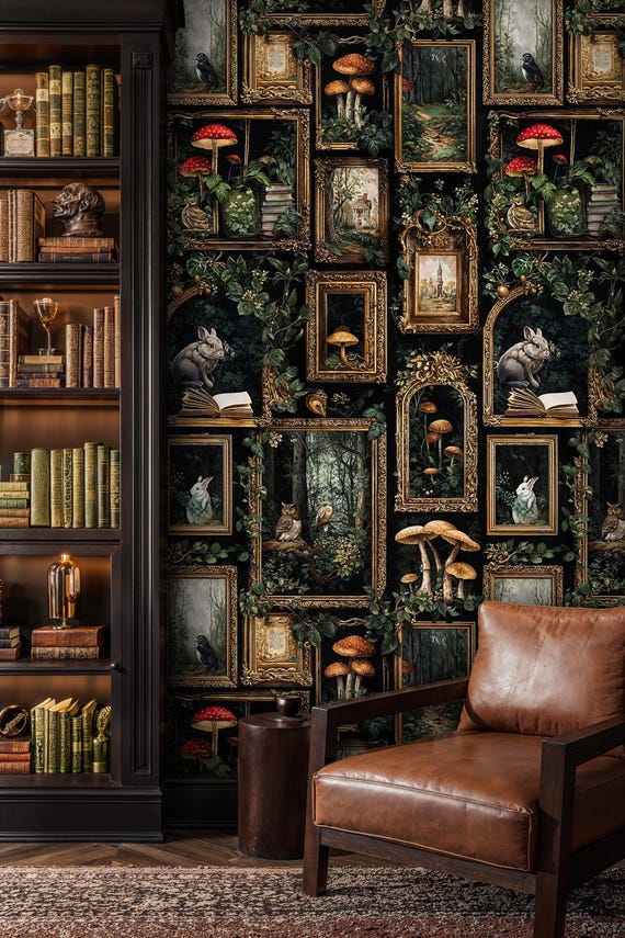 Vintage Dark Academia Wallpaper: Mushroom Rabbit Botanical Peel and Stick Mural