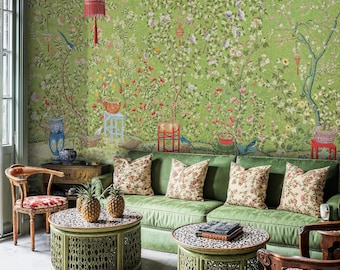 Grön Chinoiserie Garden Peel and Stick-tapet: Botaniska fåglar, blommor och vintageorientalisk väggmålning