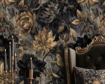 Dark Floral Peel and Stick Wallpaper: Black & Antique Gold Vintage Botanical Mural