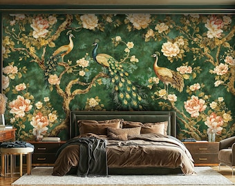 Emerald Green Peacock Chinoiserie Wallpaper: Vintage Botanical Mural (Peel and Stick)
