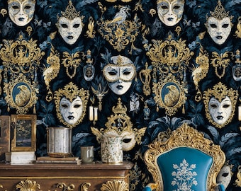 May include: A dark blue wallpaper featuring a repeating pattern of ornate gold frames, masquerade masks, and floral elements. The design includes framed eagle portraits, candles, and decorative flourishes, creating a luxurious, vintage aesthetic.