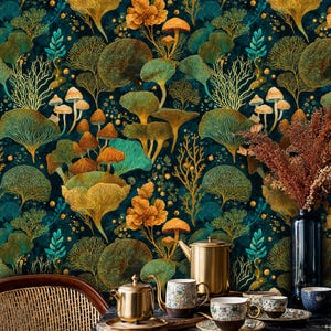 Golden Forest Mushroom Peel and Stick Wallpaper: Art Deco Teal and Gold Botanical Mural