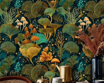 Papel pintado autoadhesivo con diseño de setas del Bosque Dorado: mural botánico Art Déco en tonos verde azulado y dorado.