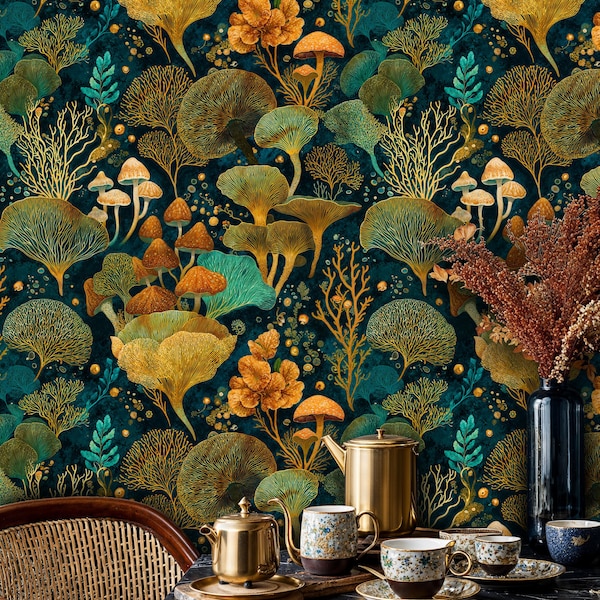 Golden Forest Mushroom Peel and Stick Wallpaper: Art Deco Teal and Gold Botanical Mural