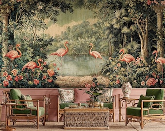 Vintage Flamingo Jungle Peel and Stick Wallpaper: Tapestry Tropical Lake Wall Mural