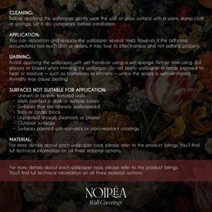 K&ouml;nnte beinhalten: Ein Produktinformationsblatt f&uuml;r Noir&eacute;a Wandverkleidungen mit Anweisungen zu Reinigung, Anwendung und Warnhinweisen. Der Hintergrund ist ein dunkles Blumenmuster mit roten, rosa und wei&szlig;en Blumen. Der Text beschreibt ungeeignete Oberfl&auml;chen.
