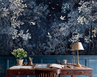 Midnight Blue Forest Wallpaper: Vintage Botanical Birds Mural