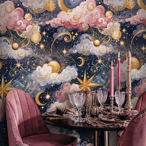 Cosmic Celestial Cloud Peel and Stick Wallpaper: Starry Night Sky Golden Moons & Stars Mural