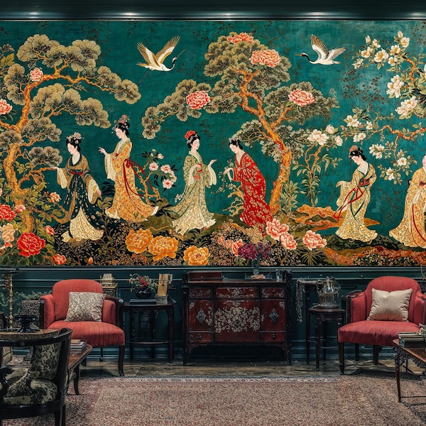 Turquoise Asian Chinoiserie Peel and Stick Wallpaper: Oriental Geisha Floral Wall Mural
