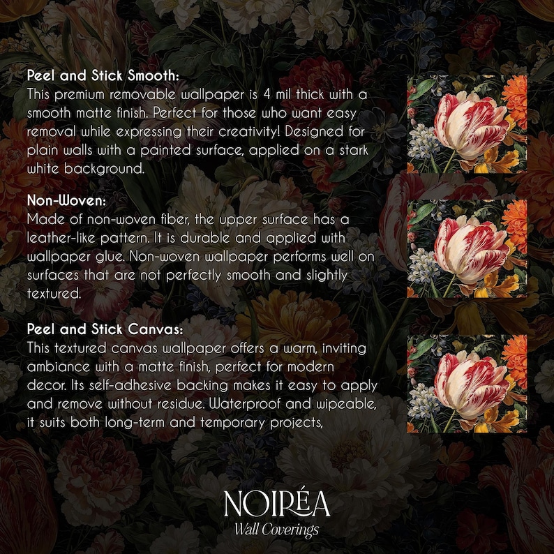 K&ouml;nnte beinhalten: Tapetenmuster mit floralem Design mit roten und wei&szlig;en Tulpen. Der Text beschreibt Peel and Stick Smooth, Non-Woven und Peel and Stick Canvas Optionen. Der Markenname "NOIR&Eacute;A Wall Coverings" steht unten.