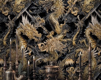 Black & Gold Dragon Wallpaper: Oriental Asian Mythical Peel and Stick Mural